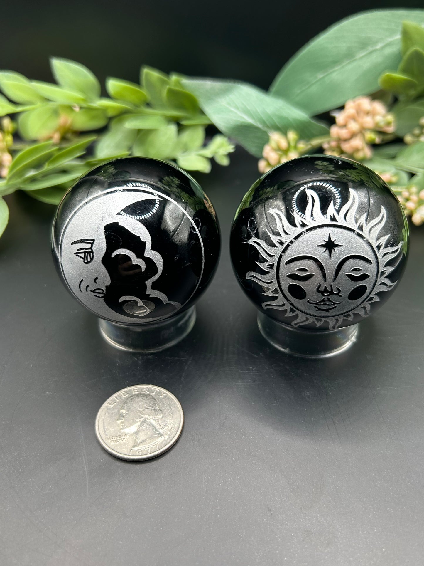 Obsidian Spheres With Designs